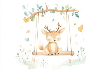 Peaceful Woodland Deer on a Charming Swing Illustration. Watercolor Nursery Art.