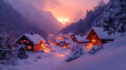 Fototapeta premium An enchanting photography of a quaint alpine village blanketed in snow, with charming wooden chalets and snow-laden roofs illuminated by soft, warm light as twilight descends over the serene mountain