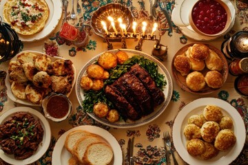 Traditional Hanukkah Feast: A top-down view of a table set for a Hanukkah meal, featuring classic dishes like latkes, sufganiyot (jelly doughnuts), brisket, and challah bread, all beautifully arranged