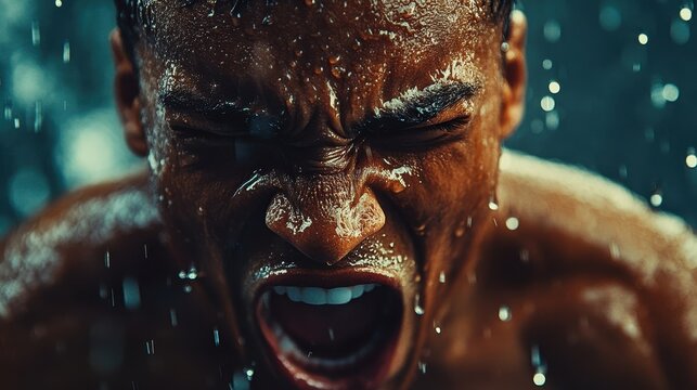 A man screams with water splashing on his face. This image can be used for projects relating to stress, anger, or determination.
