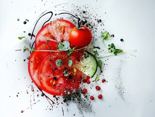A close up of a tomato with a few other vegetables on top of it