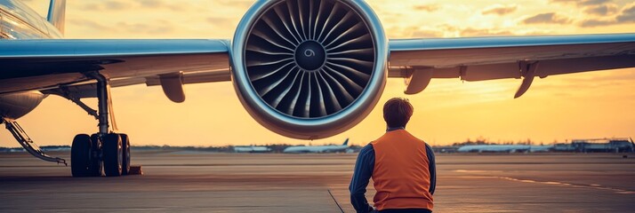 Engineer in Orange Safety Vest Completing Pre-Flight Inspection of an Airplane Engine at Sunset