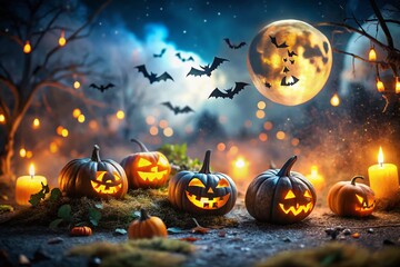 Naklejka premium Spooky Halloween Scene with Jack-O-Lanterns, Bats, and Eerie Night Sky - Tilt-Shift Photography Style for a Whimsical and Creepy Atmosphere