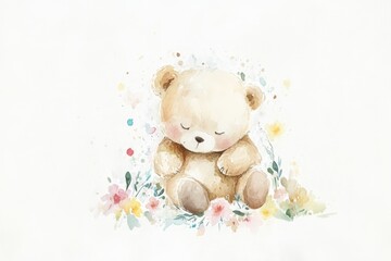 Adorable Watercolor Bear Amidst Soft Pastel Flowers. Watercolor Nursery Art.