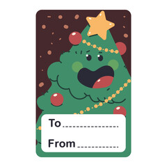 Christmas gift tag with tree character vector cartoon illustration isolated on a white background.