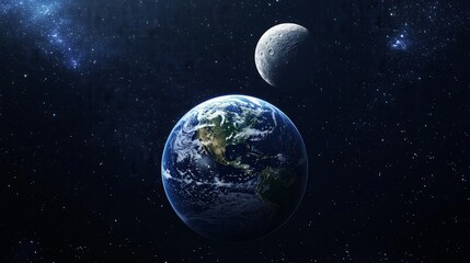 Obraz premium A stunning view of Earth and the Moon against a backdrop of twinkling stars, showcasing the beauty and vastness of space.