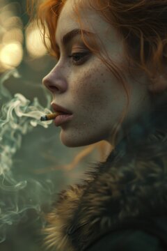 A woman with bright red hair holds a lit cigarette, a classic image of relaxation