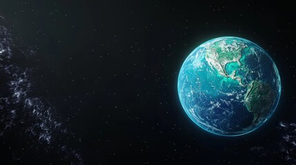 A stunning view of planet Earth from space, with a swirling nebula in the background.