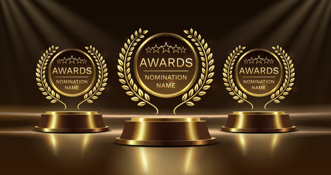Award ceremony nomination name podium, golden prize event, scene star ceremony. Vector illustration
