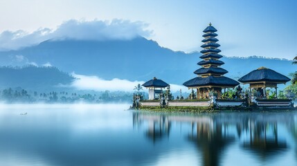 Naklejka premium A traditional Balinese temple with a tiered roof stands on a small island in a serene lake, surrounded by misty mountains in the distance.