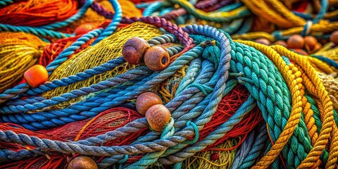 Stacked Fishing Nets Macro Photography: Intricate Textures and Colors in Marine Life Backgrounds for Oceanic Imagery and Coastal Aesthetic