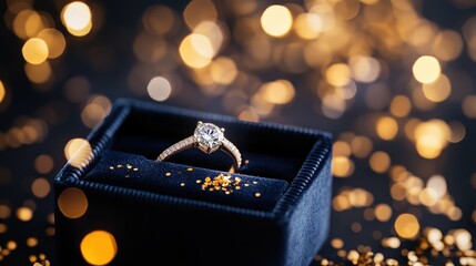 Diamond engagement ring in a navy velvet box, with scattered gold confetti and a soft bokeh background