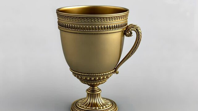 A golden trophy with a detailed design sits on a white background