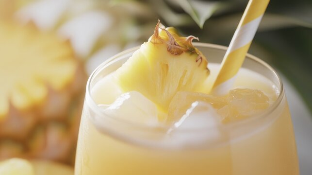 A close-up view of a refreshing drink with a pineapple slice as garnish, perfect for a summer evening or a tropical getaway