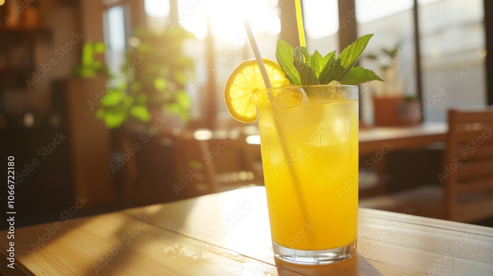 Poster Refreshing Citrus Drink in Bright Cafe Setting