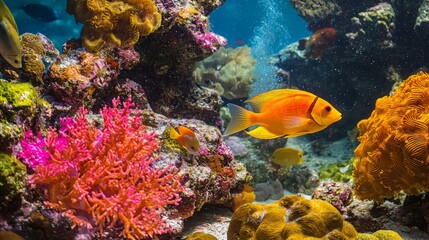 Obraz premium A vibrant coral reef teeming with colorful fish.