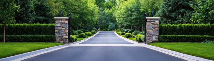 Elegant gated community entrance surrounded by lush greenery, inviting residents into a serene and exclusive environment.