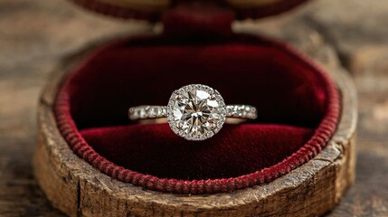 Diamond ring in a plush red velvet box, set on a rustic wooden surface, creating a charming and timeless look