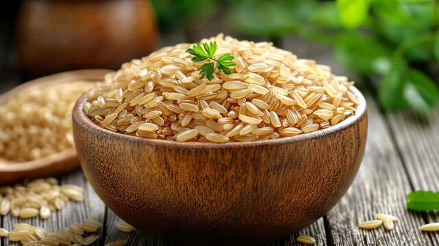 A bowl of brown rice sits on a wooden table with a sprig of parsley