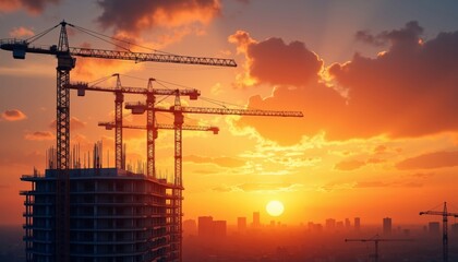 Vibrant Sunset Sky Over Urban Construction Site with Cranes and Materials