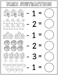 Farm subtraction black and white worksheet for kids. Math activity page in outline with cute farm characters. Calculate and write the result sheet for school and preschool. Vector illustration
