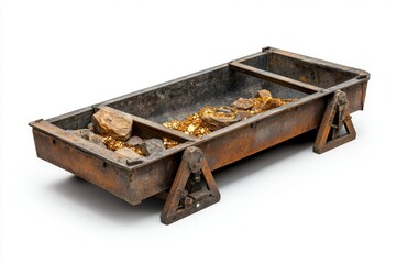 A vintage mining cart holding shiny gold and rocks. This cart evokes the spirit of adventure and treasure hunting. Perfect for creative and historical themes. Generative AI
