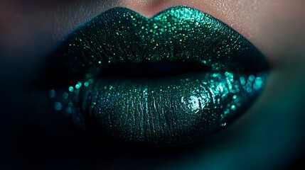 Extreme close-up of lips painted in rich emerald green, matte, velvety finish with high precision detail, illuminated by soft, even lighting to enhance bold color and natural texture,