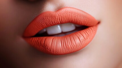 Obraz premium Extreme close-up of lips painted in vibrant coral, matte finish, velvety and smooth texture, illuminated by soft, diffused lighting to highlight the lively color and intricate detail, high-definition,