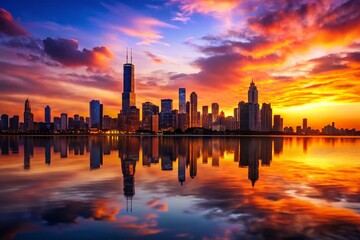 Obraz premium Stunning Chicago Skyline Silhouette at Sunset - Urban Landscape Photography, Cityscape Art, Black and White Illustration, Modern Architecture, Travel Destination, Nature and City Blend