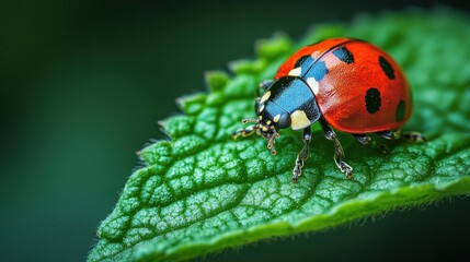 Fototapeta premium Detailed close-up of red ladybug on green leaf, vibrant insect with black spots, nature macro photography, colorful beetle, outdoor wildlife shot, biodiversity