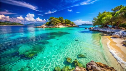 Fototapeta premium Stunning Crystal Clear Water and Soft Sand at Ksamil Beach, Albania - Serene Coastal Escape with Vibrant Nature, Tropical Paradise, Travel Destination, Relaxation, Scenic View