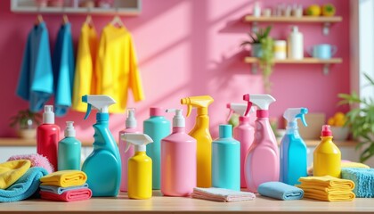 Colorful Cleaning Products on a Table in a Bright Kitchen Scene.