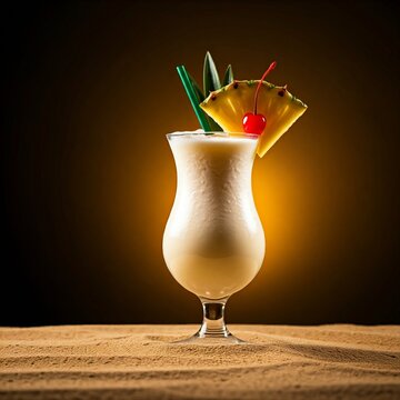 creamy pina colada, garnished with a pineapple wedge and cherry, pina colada, cocktail, rum, pineapple juice, coconut cream, bar, dark, moody, luxury, tropical., holiday drinks, party drinks, bar drin