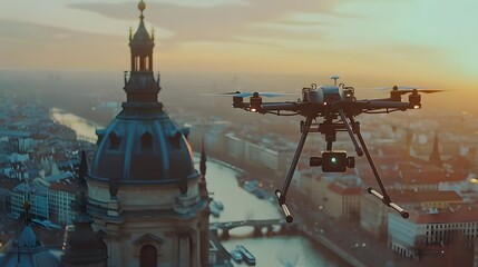 A drone captures aerial views of a cityscape during sunset.