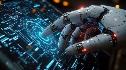 Robot hand interacting with holographic touchscreen interface, advanced artificial intelligence technology concept, futuristic cyber data control panel for machine learning, automation