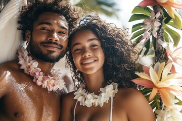 Selfie of a couple of surfers on the ocean shore in the tropics