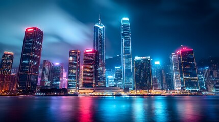 Naklejka premium Vibrant Skyscrapers Illuminated at Night Overlooking a Calm Waterway