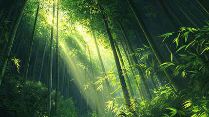 tall bamboo grove with sunlight streaming through leaves creates serene and tranquil atmosphere. vibrant green foliage enhances peaceful setting, inviting relaxation