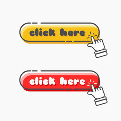 Click here web button with hand cursor designed in cartoon flat style. Computer mouse click cursor or hand pointing symbol. Click button. 