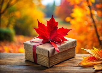 Obraz premium Stunning Drone Photography of a Maple Leaf on a Gift Box Surrounded by Autumn Colors, Perfect for Seasonal Celebrations, Gifts, and Nature-Inspired Decor