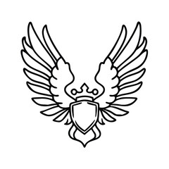 Crowned Winged Shield Outline Emblem, Black and white outline illustration of a winged shield with a crown, symbolizing royalty, strength, and protection in a minimalist design.
