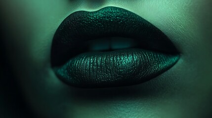 Extreme close-up of matte emerald green lips, rich velvety texture highlighted by subtle, soft lighting, capturing the boldness and smooth detail, high-definition, artistic and modern beauty portrait.