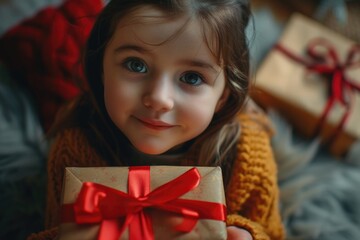 Homemade Gift. Merry Christmas Girl Unwrapping Santa Gift with Red Ribbon at Home