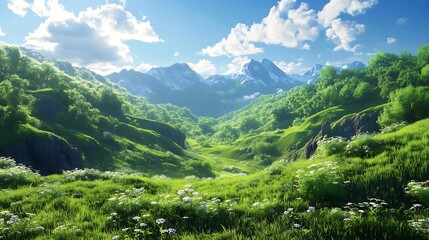 Lush Green Valley with Snow-Capped Mountains and Wildflowers