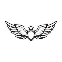 Winged Shield Emblem with Star Outline, Black and white outline of a winged shield with a star above, symbolizing honor, achievement, and strength in a minimalist style.
