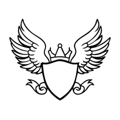 Obraz premium Crowned Winged Shield Outline Emblem, Black and white outline illustration of a winged shield with a crown, symbolizing royalty, strength, and protection in a minimalist design. 