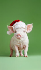Full body photo of a realistic pig wearing a red Santa Claus hat on a green background