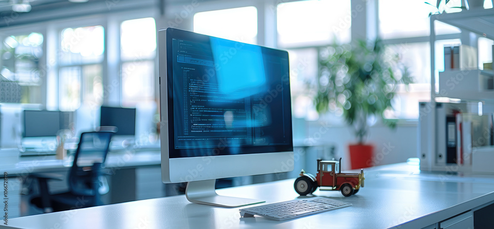 Fototapete A large computer monitor set on a desk in a clean, modern office space. There is also a small model of a vintage tractor trailer on the desk.
