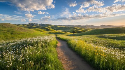 Obraz premium A Dirt Path Winding Through a Field of Wildflowers and Rolling Hills Under a Blue Sky with Clouds