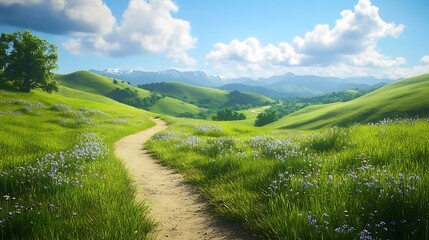 A winding dirt path leads through a verdant meadow with a backdrop of distant snow-capped mountains and a vibrant blue sky dotted with fluffy white clouds.